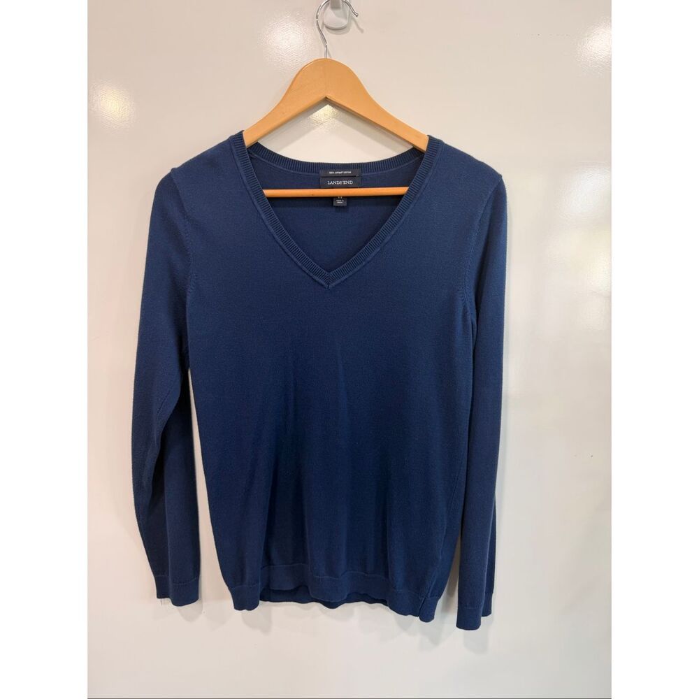 Lands End S Navy Supima Cotton V-Neck Sweater
